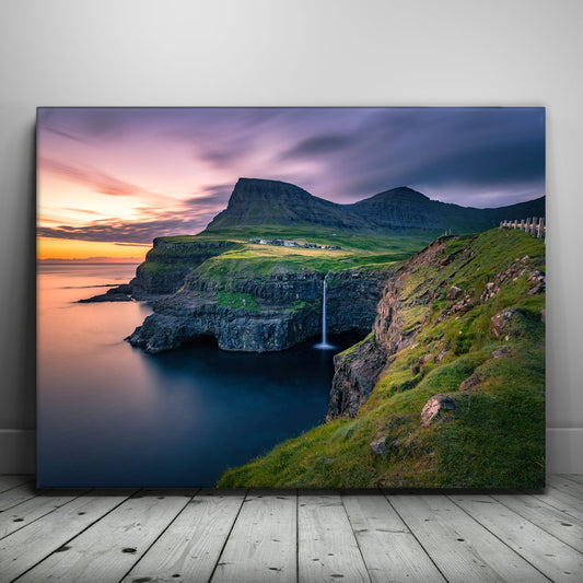 Gásadalur - Sunset Posters, Prints, & Visual Artwork TheGoatWallArt LANDSCAPE 24x18 0.75" STANDARD