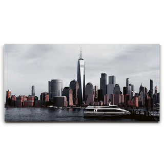Lower Manhattan Skyline Panoramic View With Ferry Boat
