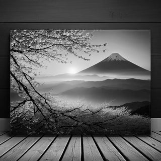 Mount Fuji Cherry Blossom Sunrise - B & W