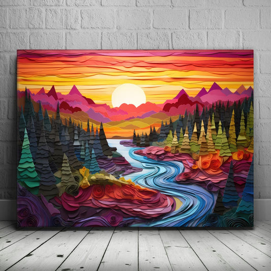 River Sunset - Paper Design Style Posters, Prints, & Visual Artwork TheGoatWallArt LANDSCAPE 24x18 0.75" STANDARD