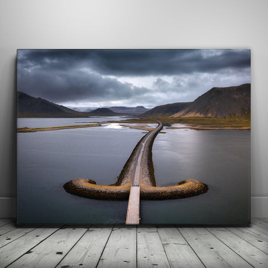Road Over Lake & Mountain - Iceland Posters, Prints, & Visual Artwork TheGoatWallArt LANDSCAPE 24x18 0.75" STANDARD
