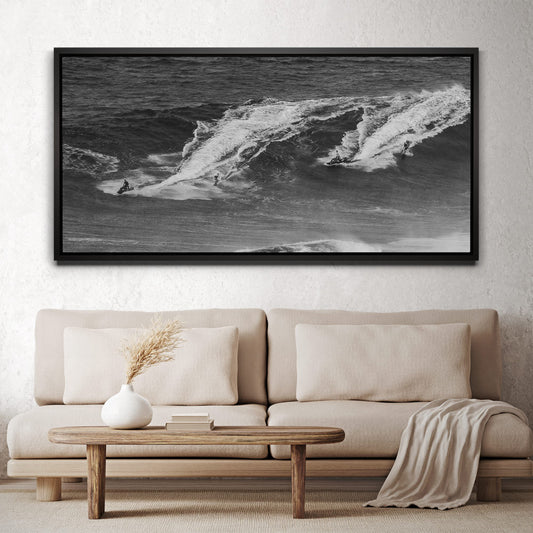 Surfing Jaws, Maui - B&W Posters, Prints, & Visual Artwork TheGoatWallArt LANDSCAPE - WIDE 30x15 1.70" BLACK FRAME