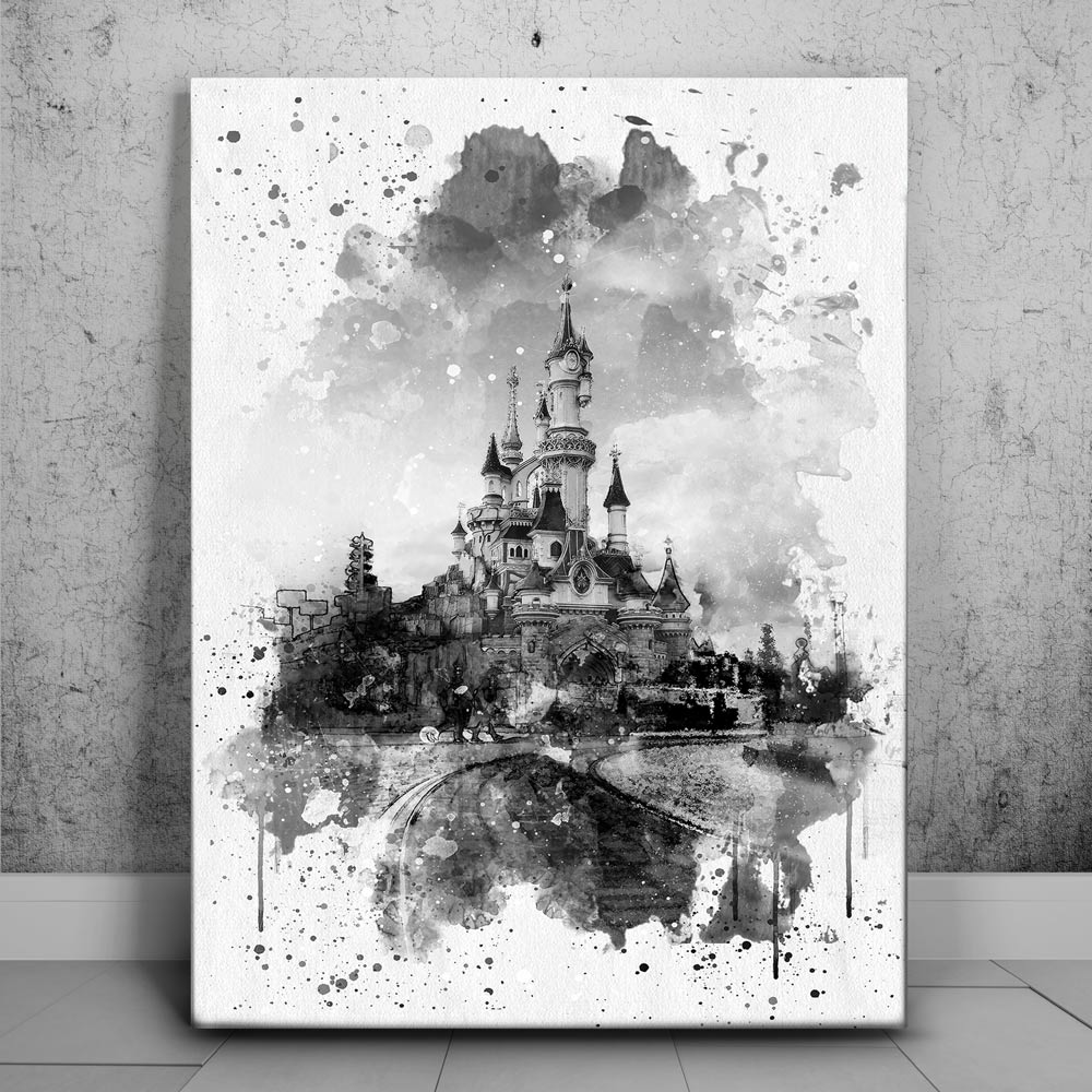 Watercolor Sleeping Beauty Castle - B & W