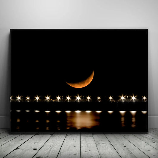 Crescent Moon Over Pier Posters, Prints, & Visual Artwork TheGoatWallArt LANDSCAPE 24x18 0.75" STANDARD