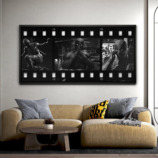 Deadpool Filmstrip - Black & White Posters, Prints, & Visual Artwork TheGoatWallArt LANDSCAPE - WIDE 30x15 1.70" BLACK FRAME