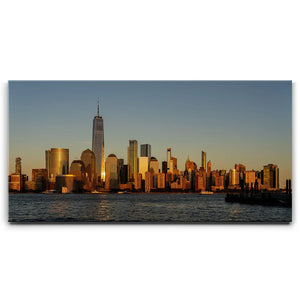 Lower Manhattan Skyline Panoramic View From Jersey City At Golden Hour