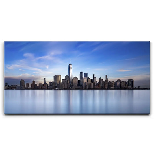 Lower Manhattan Skyline Panoramic View From Jersey City At Night Posters, Prints, & Visual Artwork TheGoatWallArt LANDSCAPE - WIDE 30x15 0.75" STANDARD