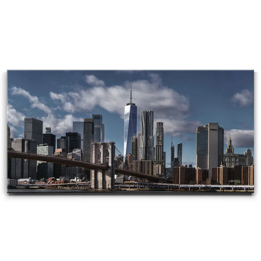 Lower Manhattan Skyline Panoramic View With Brooklyn Bridge Posters, Prints, & Visual Artwork TheGoatWallArt LANDSCAPE - WIDE 30x15 0.75" STANDARD