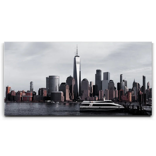 Lower Manhattan Skyline Panoramic View With Ferry Boat Posters, Prints, & Visual Artwork TheGoatWallArt LANDSCAPE - WIDE 30x15 0.75" STANDARD