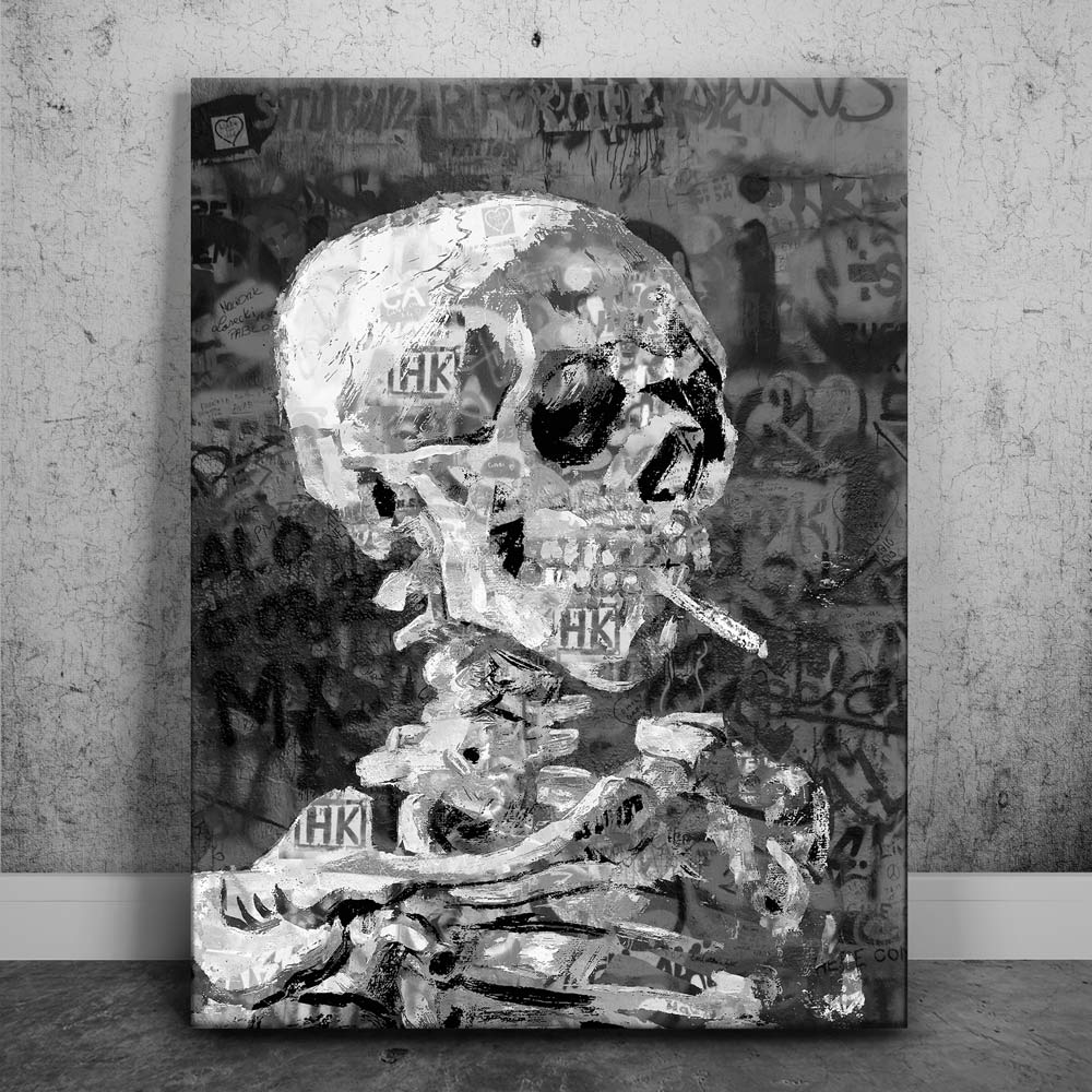 Skeleton Smoking - Van Gogh Warhol Mashup - B & W