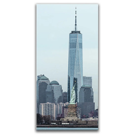 Vertical View Of 1 World Trade Center And Statue Of Liberty Posters, Prints, & Visual Artwork TheGoatWallArt PORTRAIT - TALL 15x30 0.75" STANDARD