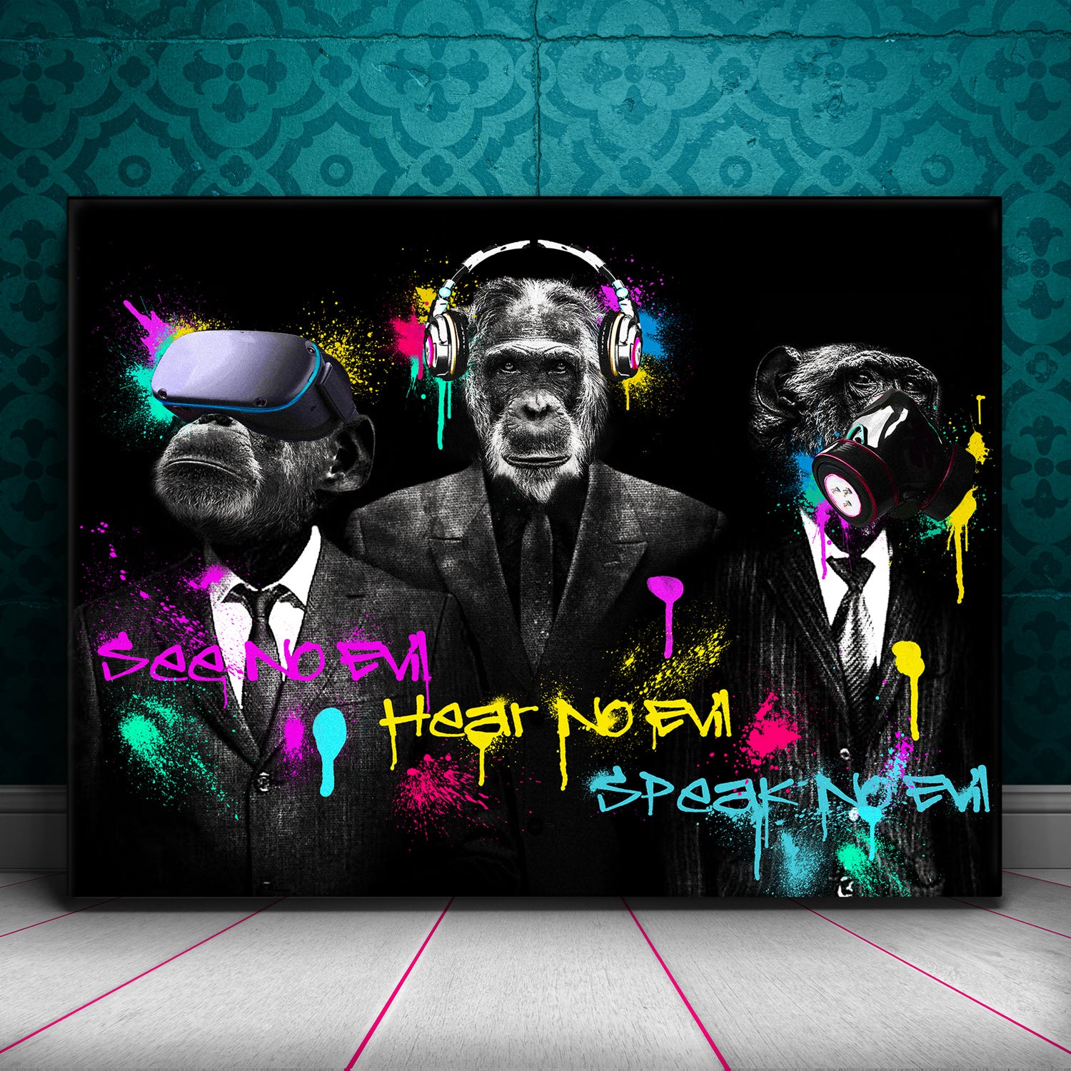 Colorful Three Wise Monkeys canvas wall art with modern take on see no evil, hear no evil, speak no evil design with a vr headset for the eye cover, premium over the ear headphones as an ear cover and gas or face mask as a mouth cover.  The monkeys are black and white and in business suits, and there is readable colorful text and paint splatters overlaid on top of them.